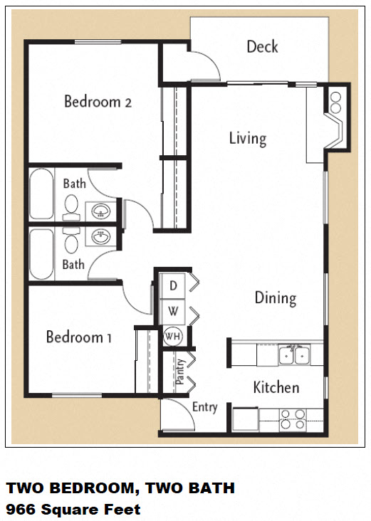 Floor plan for 2 beds, 2 baths, 966 sqft