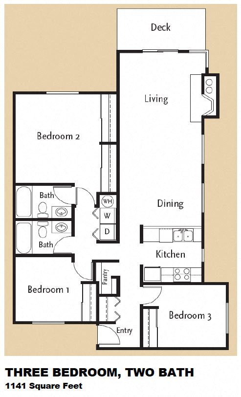 Floor plan for 3 beds, 2 baths, 1141 sqft