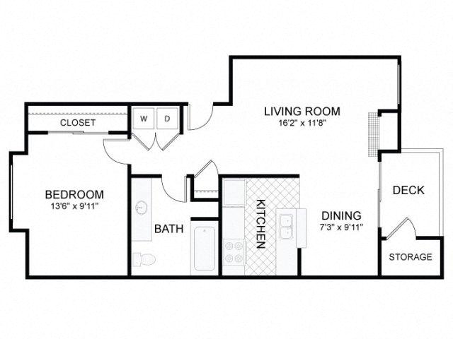 Floor plan for 1 bed, 1 bath, 736 sqft