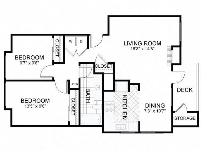 Floor plan for 2 beds, 1 bath, 917 sqft