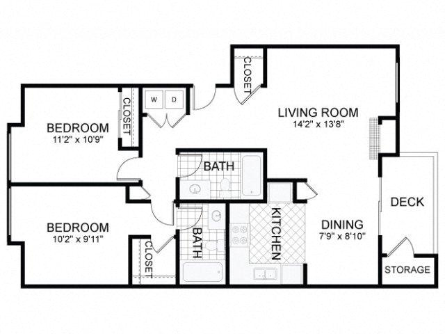 Floor plan for 2 beds, 2 baths, 982 sqft