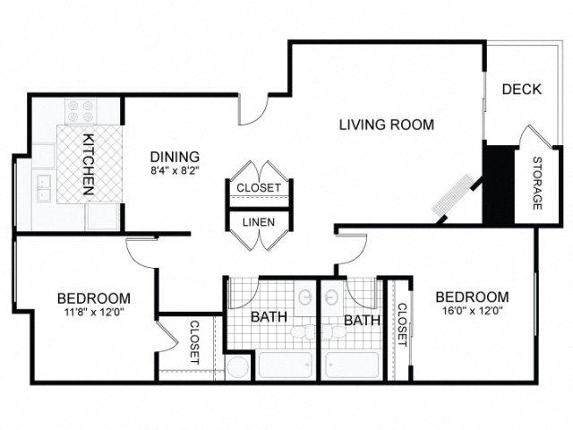 Floor plan for 2 beds, 2 baths, 1064 sqft