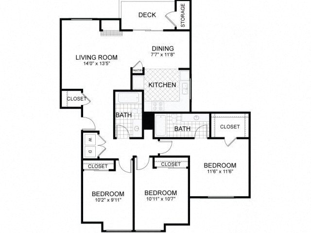 Floor plan for 3 beds, 2 baths, 1273 sqft