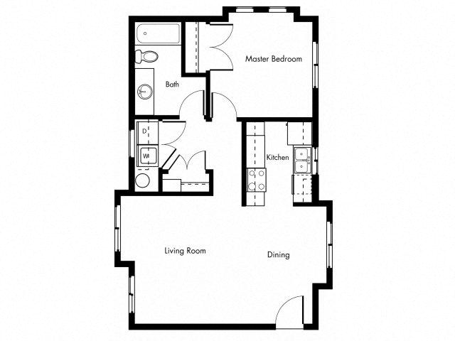 Floor plan for 1 bed, 1 bath, 621 sqft