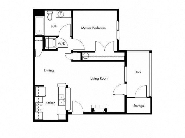 Floor plan for 1 bed, 1 bath, 624 sqft