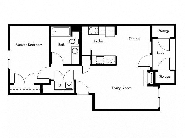Floor plan for 1 bed, 1 bath, 702 sqft