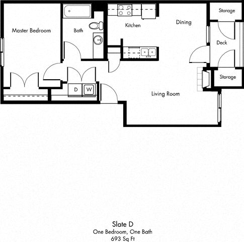 Floor plan for 1 bed, 1 bath, 693 sqft
