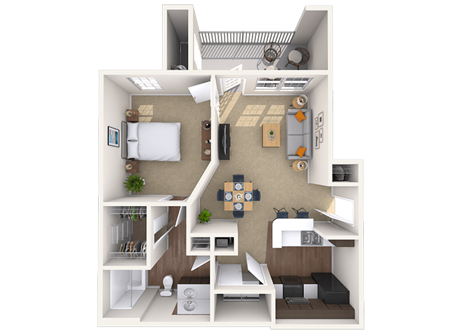 Floor plan for 1 bed, 1 bath, 653 sqft