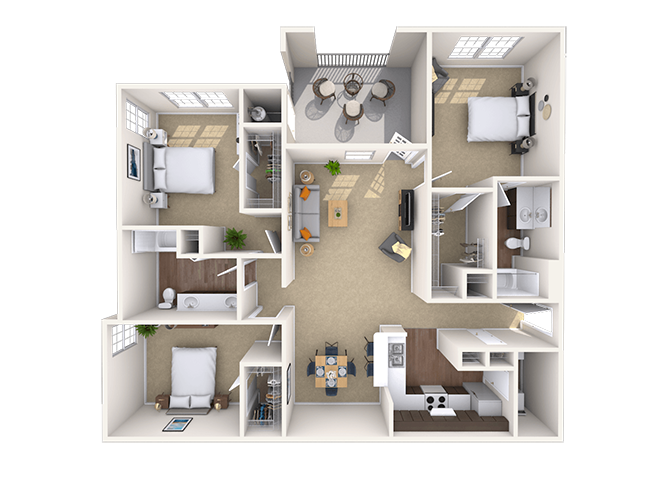 Floor plan for 3 beds, 2 baths, 1296 sqft