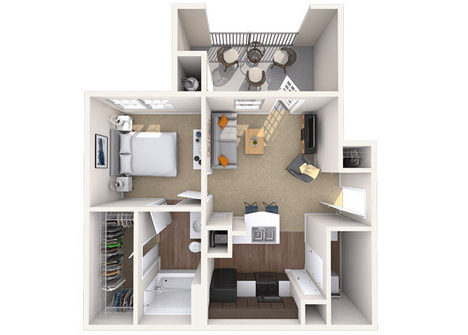 Floor plan for 1 bed, 1 bath, 553 sqft