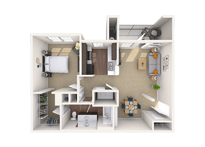 Floor plan for 1 bed, 1 bath, 750 sqft