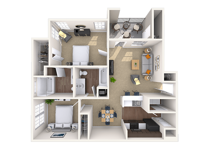 Floor plan for 2 beds, 2 baths, 931 sqft