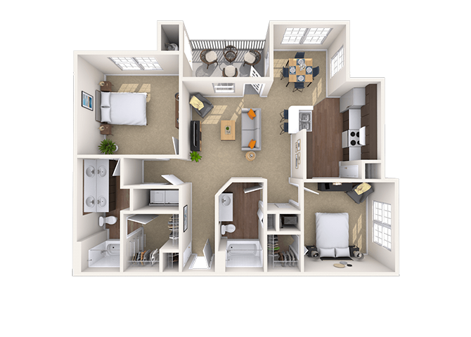 Floor plan for 2 beds, 2 baths, 1021 sqft