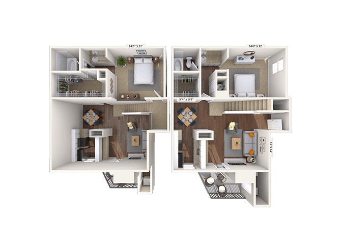 Floor plan for 2 beds, 2 baths, 1019 sqft