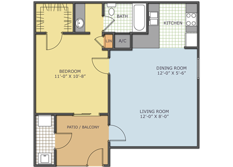 Floor plan for 1 bed, 1 bath, 460 sqft