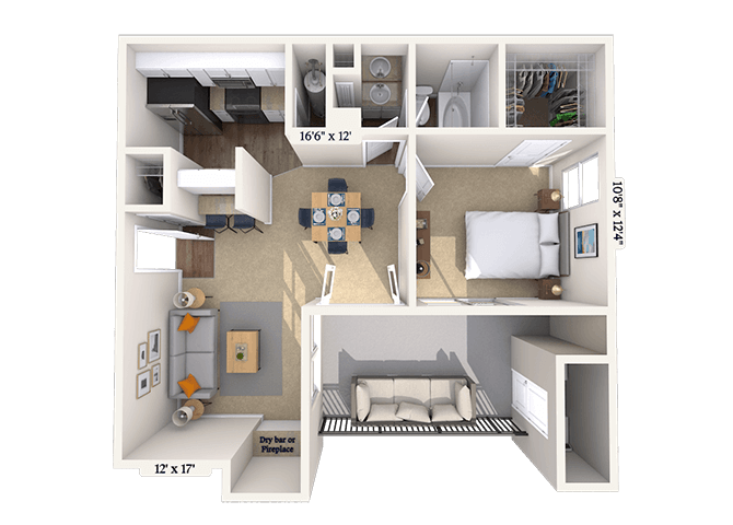Floor plan for 1 bed, 1 bath, 650 sqft