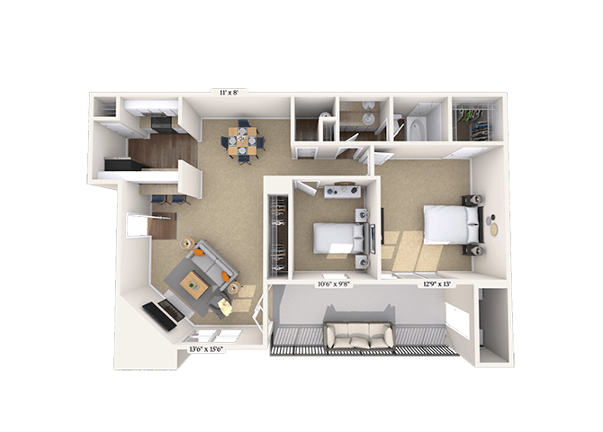 Floor plan for 2 beds, 1 bath, 819 sqft