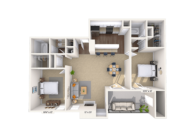 Floor plan for 2 beds, 2 baths, 930 sqft