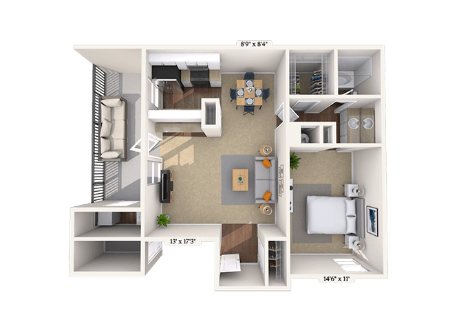 Floor plan for 1 bed, 1 bath, 716 sqft