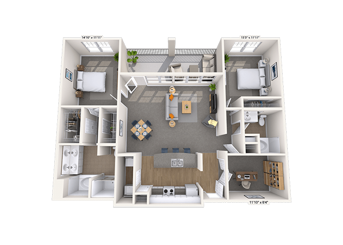 Floor plan for 2 beds, 2 baths, 1600 sqft