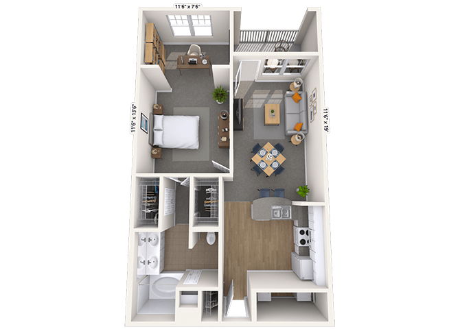 Floor plan for 1 bed, 1 bath, 925 sqft