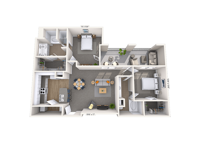 Floor plan for 2 beds, 2 baths, 1400 sqft
