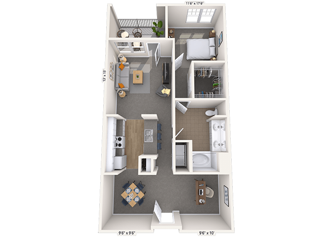 Floor plan for 1 bed, 1 bath, 1025 sqft