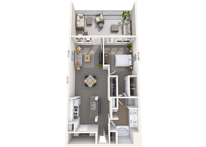 Floor plan for 1 bed, 1 bath, 950 sqft