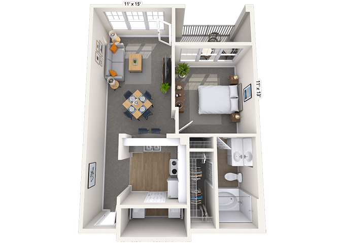 Floor plan for 1 bed, 1 bath, 725 sqft