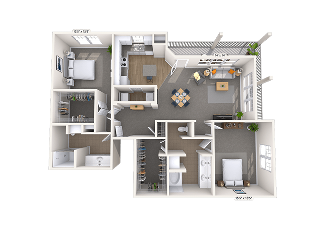 Floor plan for 2 beds, 2 baths, 1625 sqft