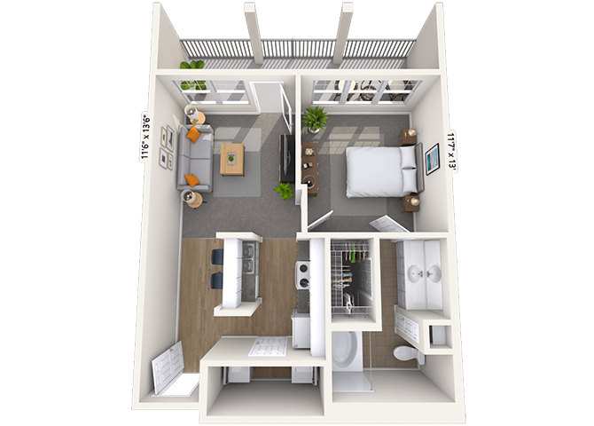 Floor plan for 1 bed, 1 bath, 700 sqft