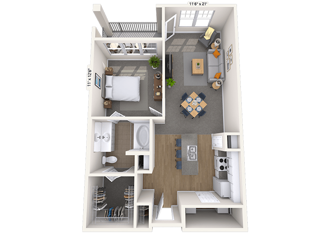 Floor plan for 1 bed, 1 bath, 875 sqft