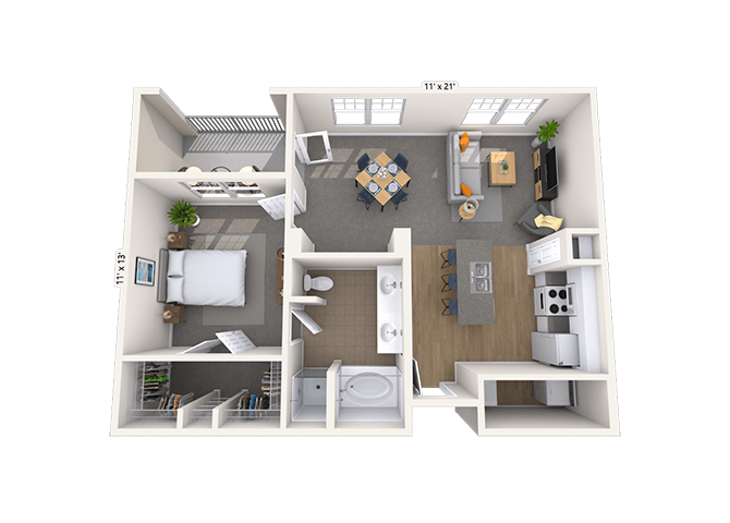 Floor plan for 1 bed, 1 bath, 875 sqft