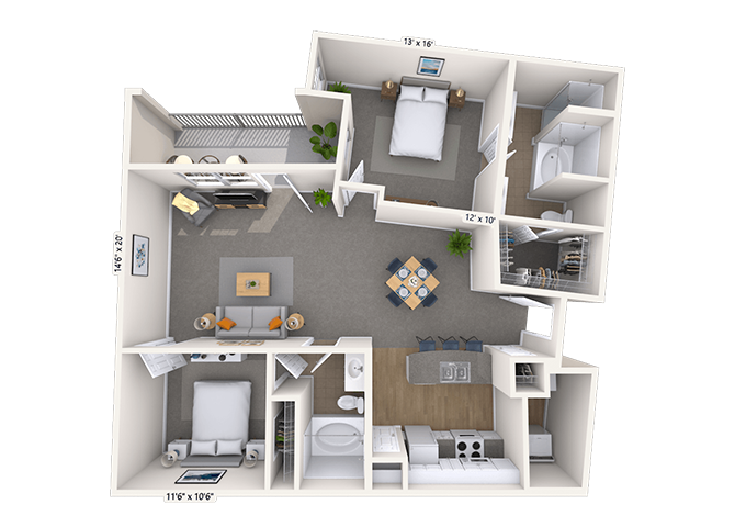 Floor plan for 2 beds, 2 baths, 1275 sqft