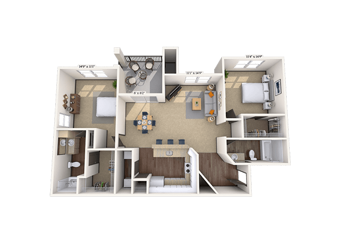 Floor plan for 2 beds, 2 baths, 1040 sqft