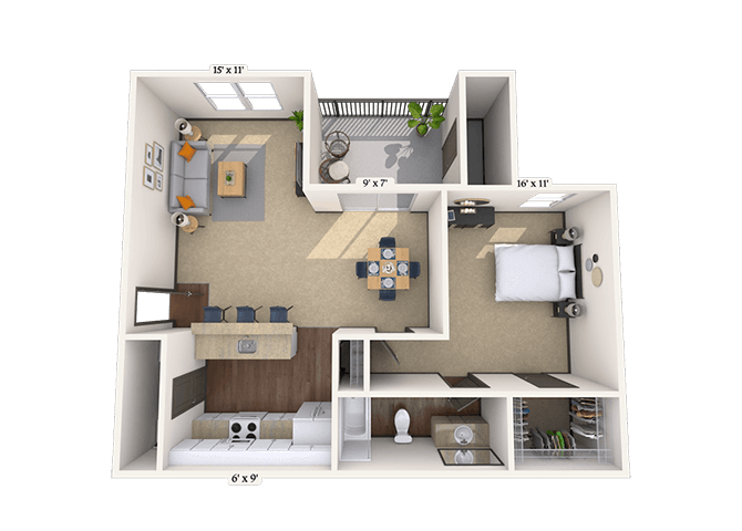 Floor plan for 1 bed, 1 bath, 628 sqft