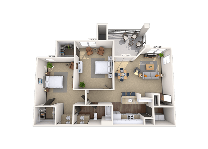 Floor plan for 2 beds, 1 bath, 882 sqft