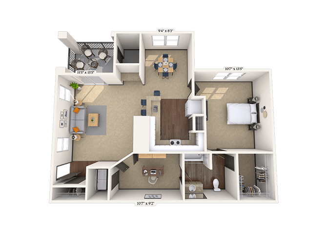 Floor plan for 1 bed, 1 bath, 846 sqft
