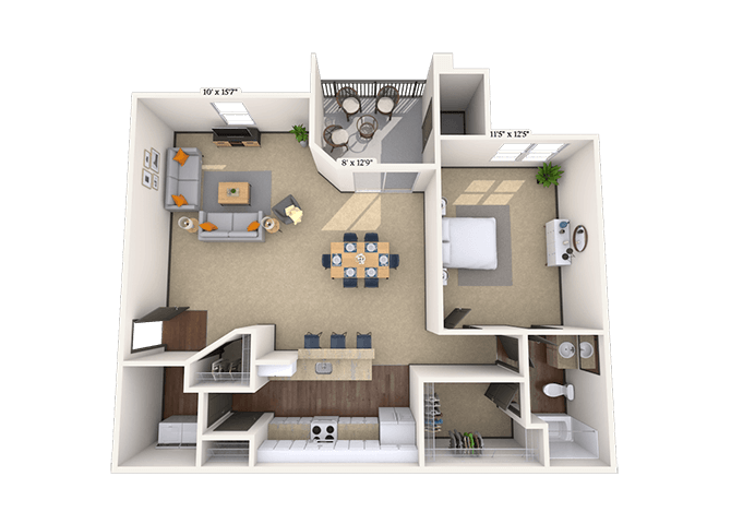 Floor plan for 1 bed, 1 bath, 832 sqft