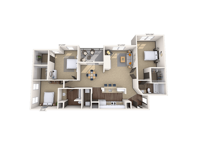 Floor plan for 3 beds, 2 baths, 1263 sqft