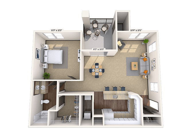 Floor plan for 1 bed, 1 bath, 757 sqft