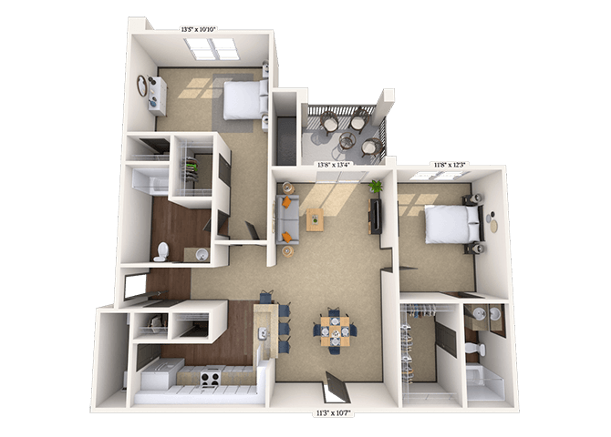 Floor plan for 2 beds, 2 baths, 1164 sqft