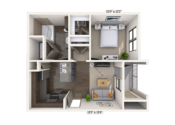 Floor plan for 1 bed, 1 bath, 629 sqft