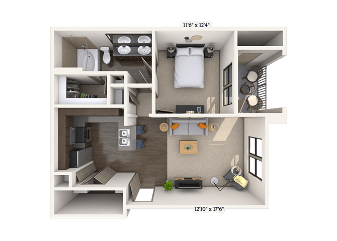 Floor plan for 1 bed, 1 bath, 713 sqft
