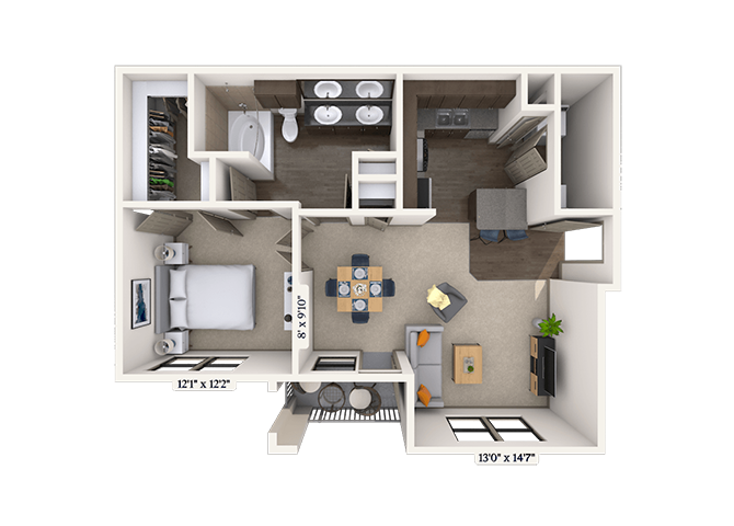 Floor plan for 1 bed, 1 bath, 783 sqft