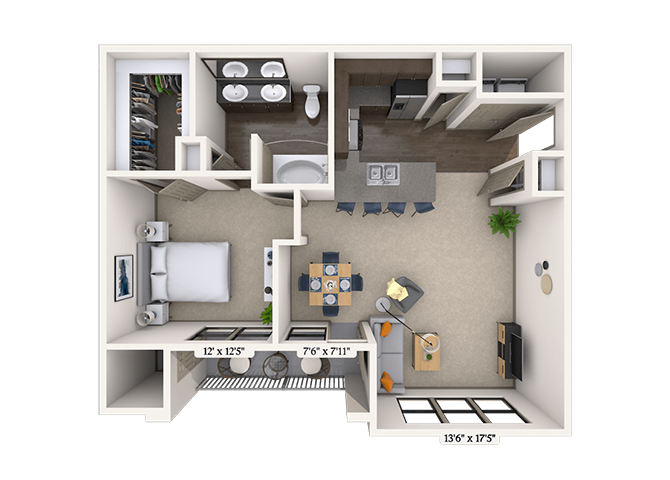 Floor plan for 1 bed, 1 bath, 840 sqft