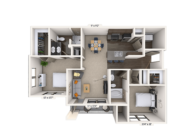 Floor plan for 2 beds, 2 baths, 1057 sqft
