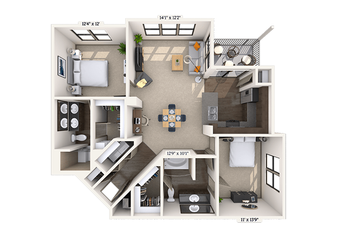 Floor plan for 2 beds, 2 baths, 1174 sqft