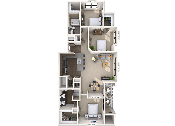 Floor plan for 3 beds, 2 baths, 1360 sqft