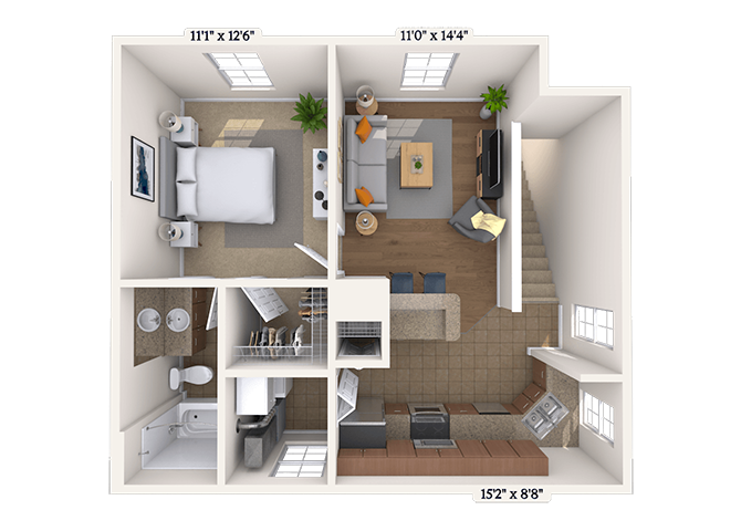 Floor plan for 1 bed, 1 bath, 715 sqft